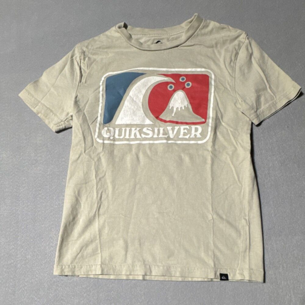 Quiksilver Boys Beige Graphic Logo 100% Cotton Short Sleeve T-Shirt Size 8